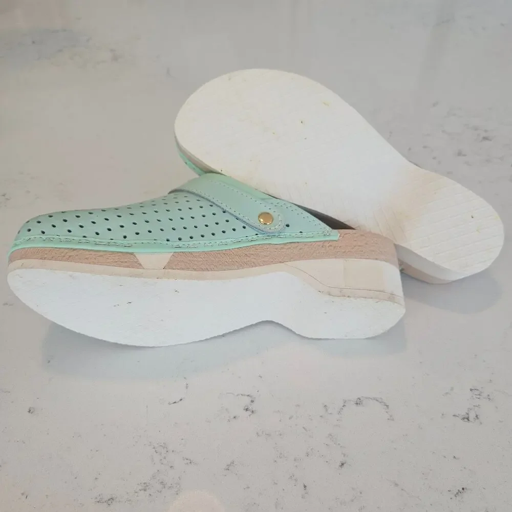 Calzuro Wood Clogs Light Aqua Green Perforated Leather Size 36 US 6.5-7